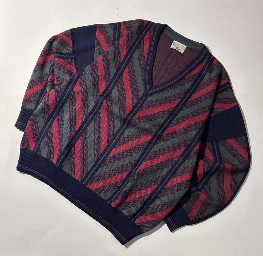 Pierre Sangan Vintage Geometric Striped V-Neck Knit Sweater